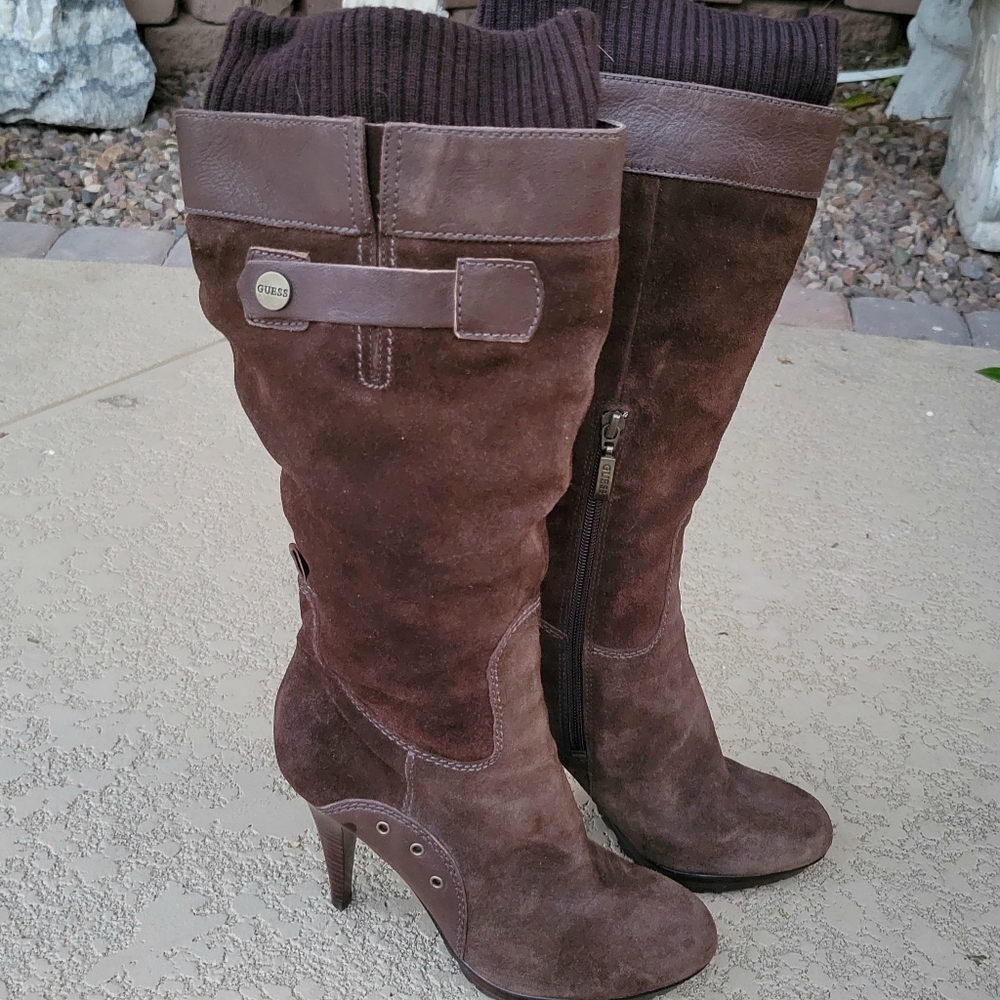 GUESS BOOTS. Tall Dark Brown Suede in a Size 7 1/2.